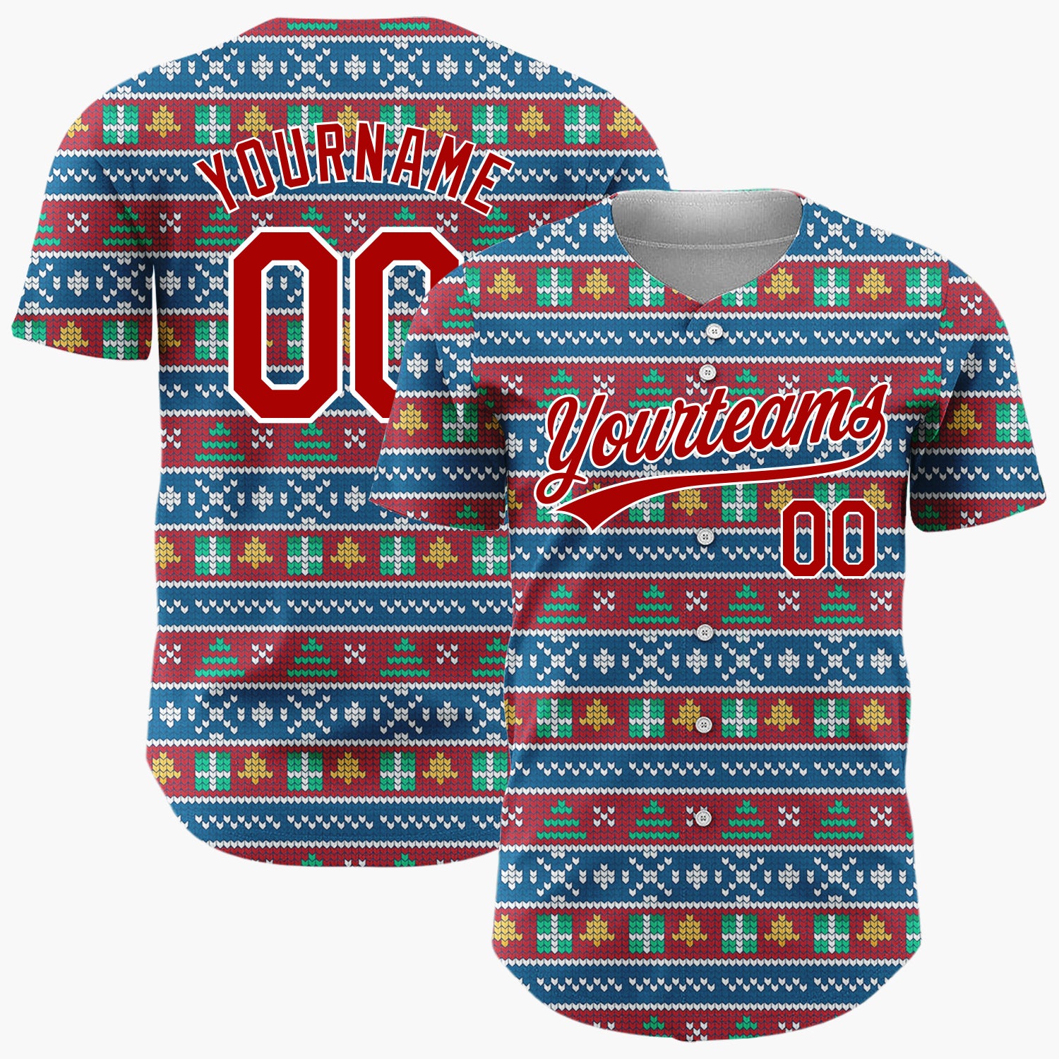 Custom Blue Red Trees And Snowflakes Traditional Knit Pattern Christmas Baseball Jersey