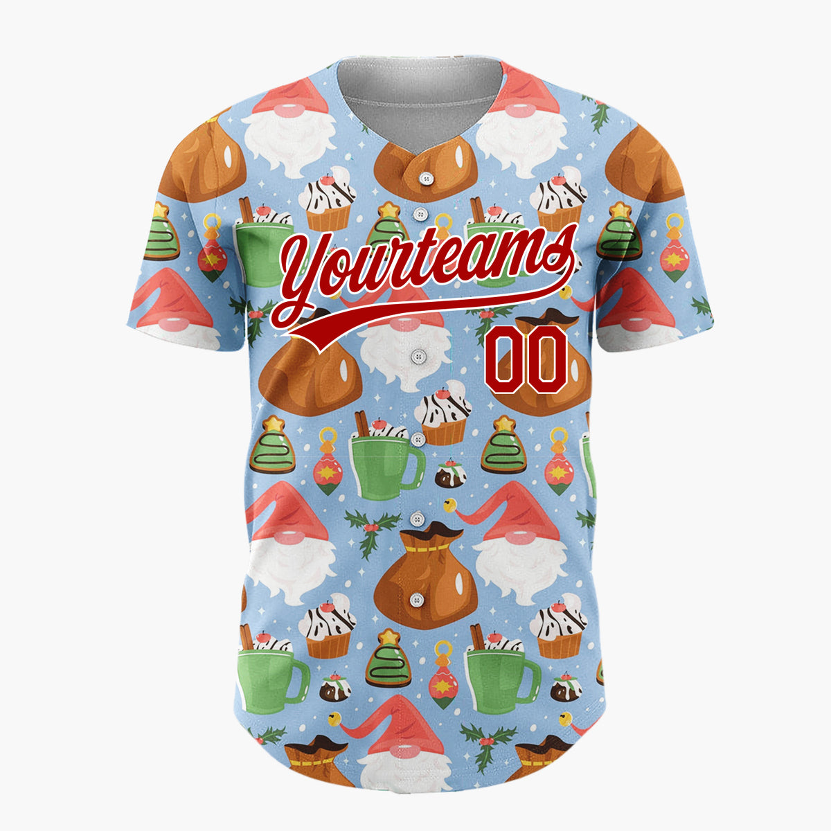 Custom Blue Gnomes Sweets Cheerful Holiday Pattern Christmas Baseball Jersey