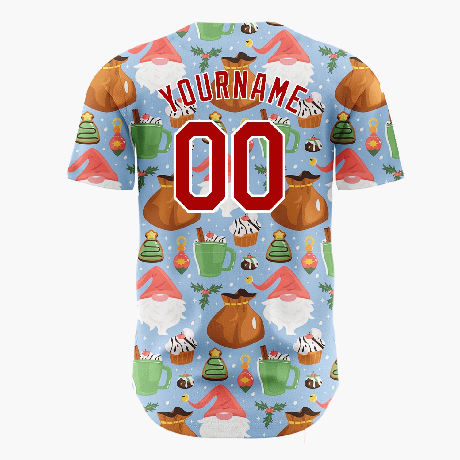 Custom Blue Gnomes Sweets Cheerful Holiday Pattern Christmas Baseball Jersey