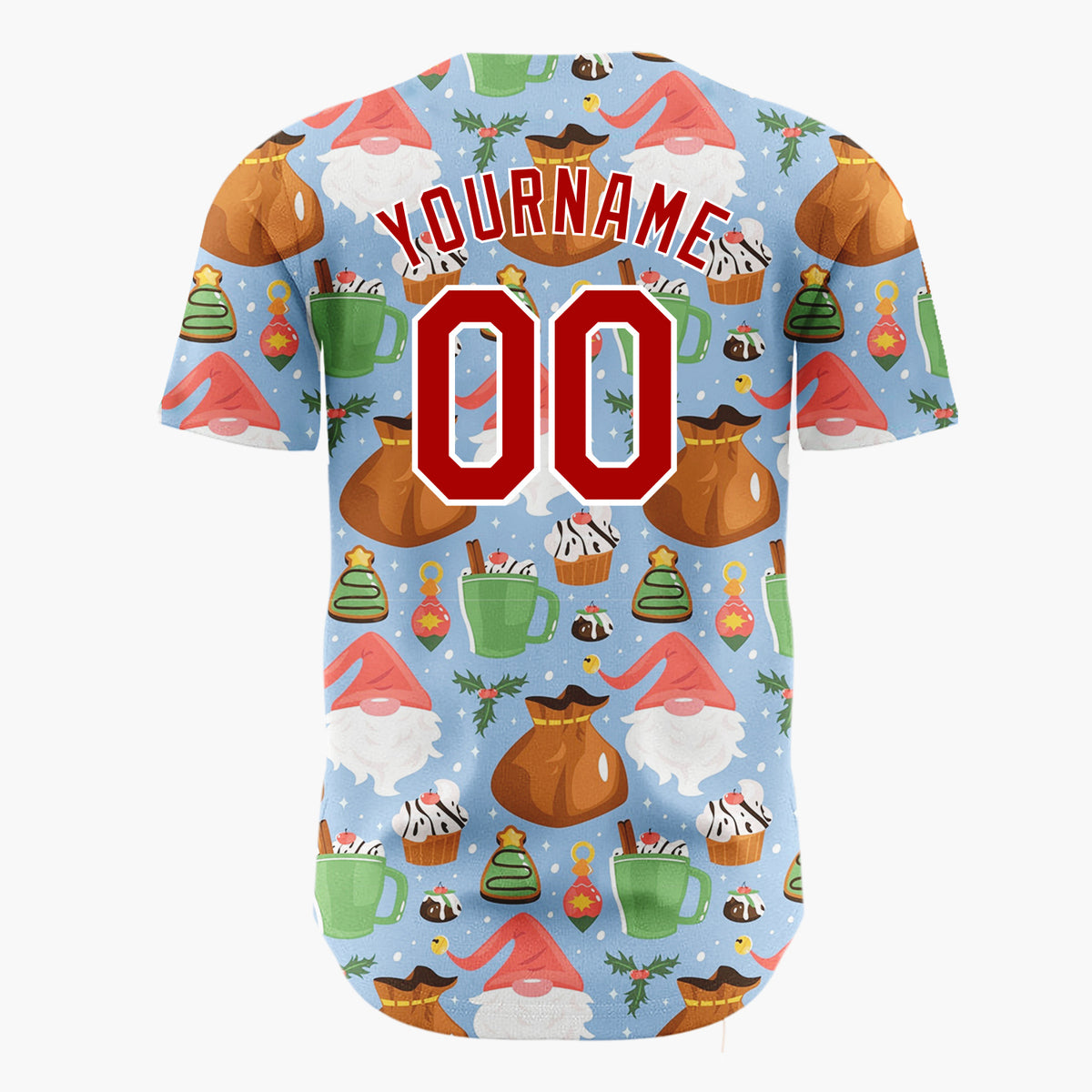 Custom Blue Gnomes Sweets Cheerful Holiday Pattern Christmas Baseball Jersey