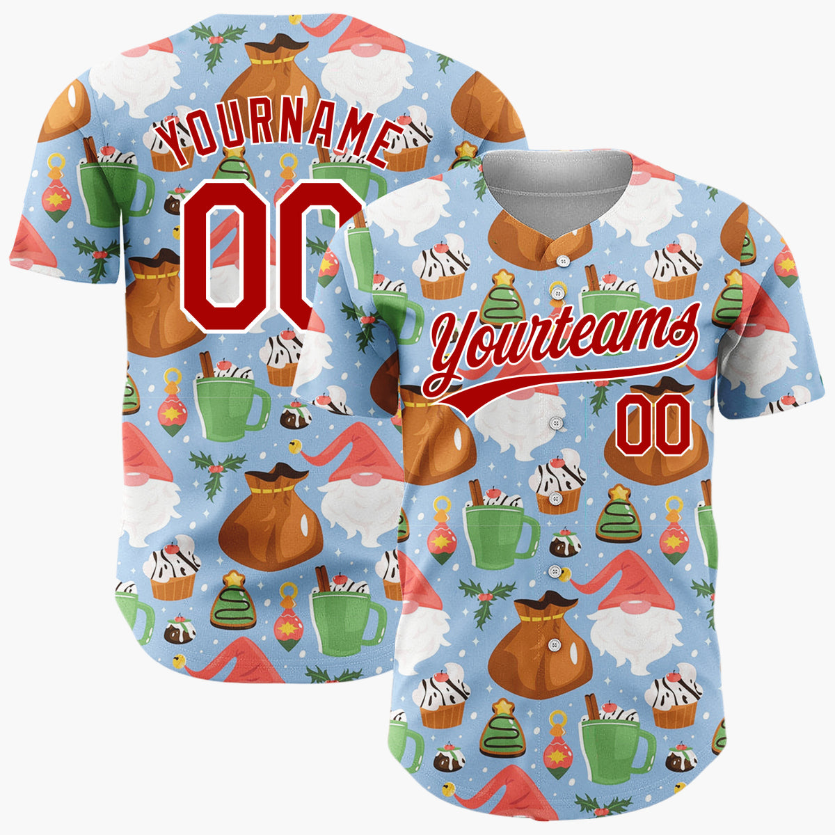 Custom Blue Gnomes Sweets Cheerful Holiday Pattern Christmas Baseball Jersey