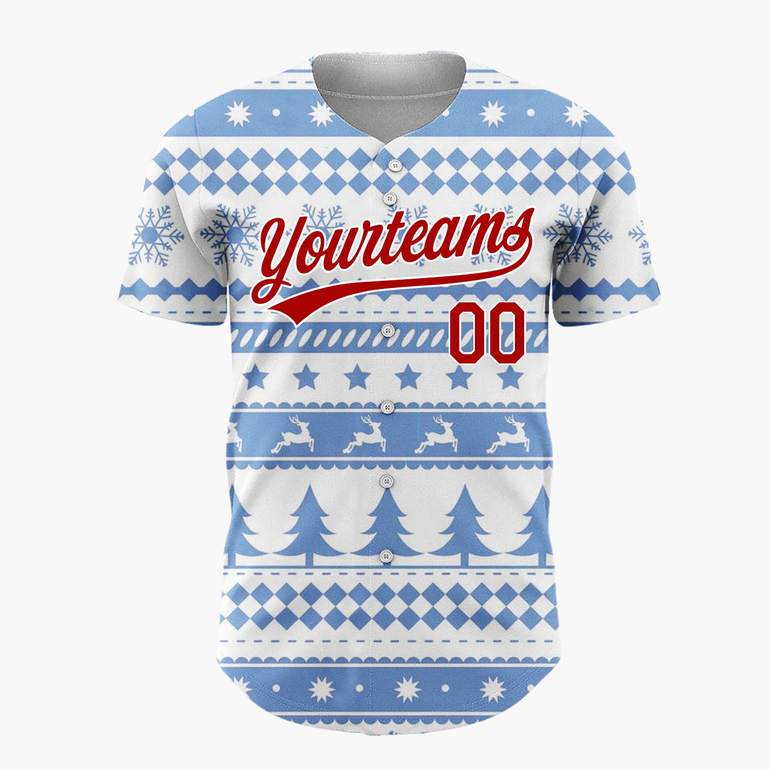 Custom Blue White Reindeer Trees And Snowflakes Scandinavian Fair Isle Christmas Baseball Jersey