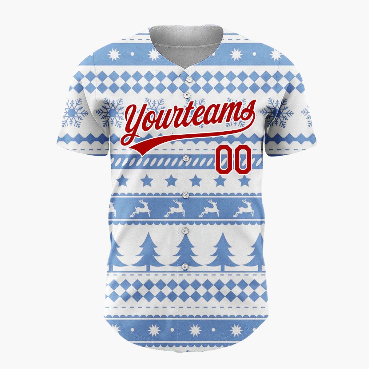 Custom Blue White Reindeer Trees And Snowflakes Scandinavian Fair Isle Christmas Baseball Jersey