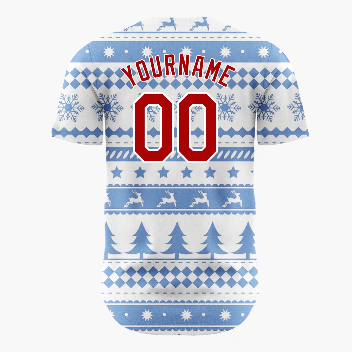 Custom Blue White Reindeer Trees And Snowflakes Scandinavian Fair Isle Christmas Baseball Jersey