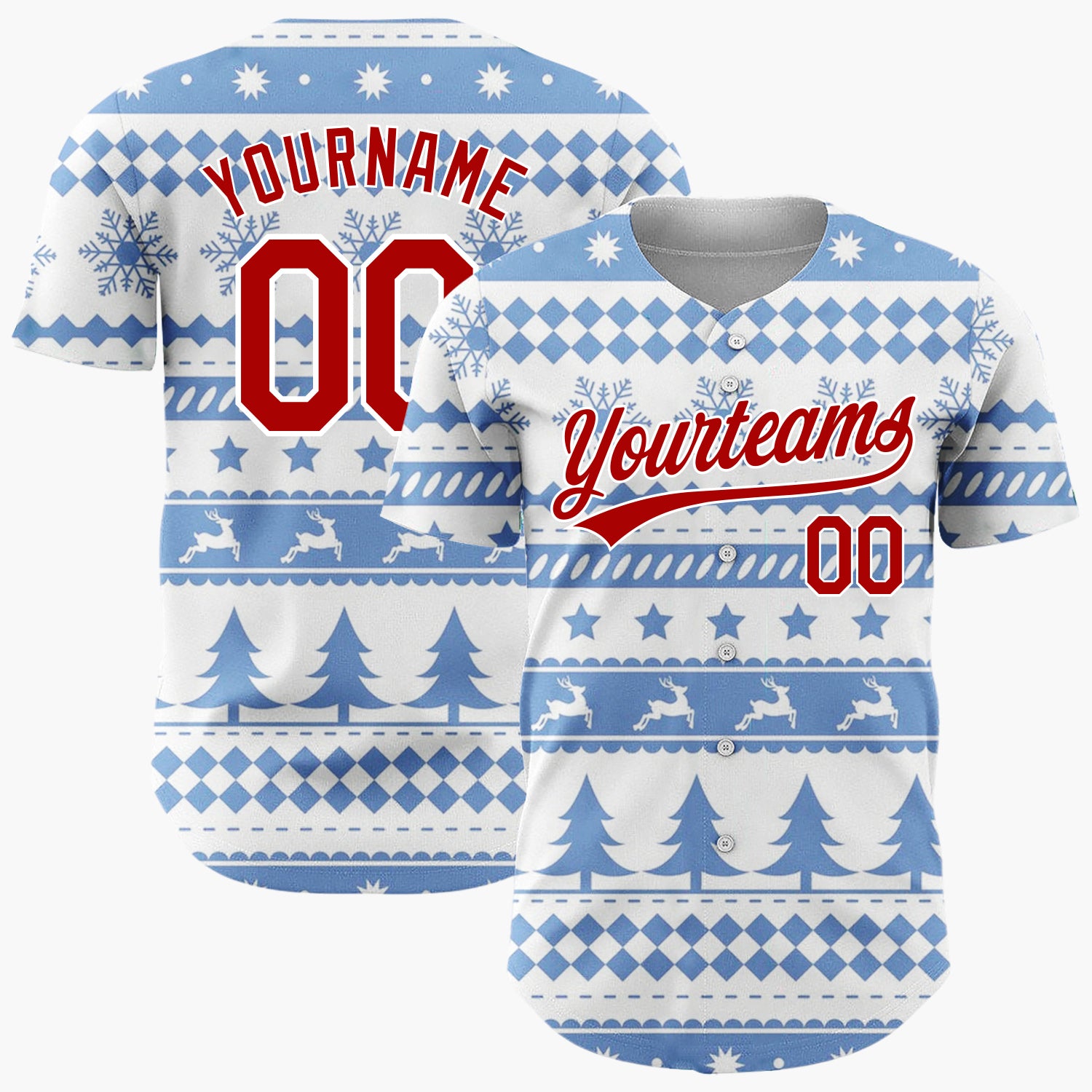 Custom Blue White Reindeer Trees And Snowflakes Scandinavian Fair Isle Christmas Baseball Jersey