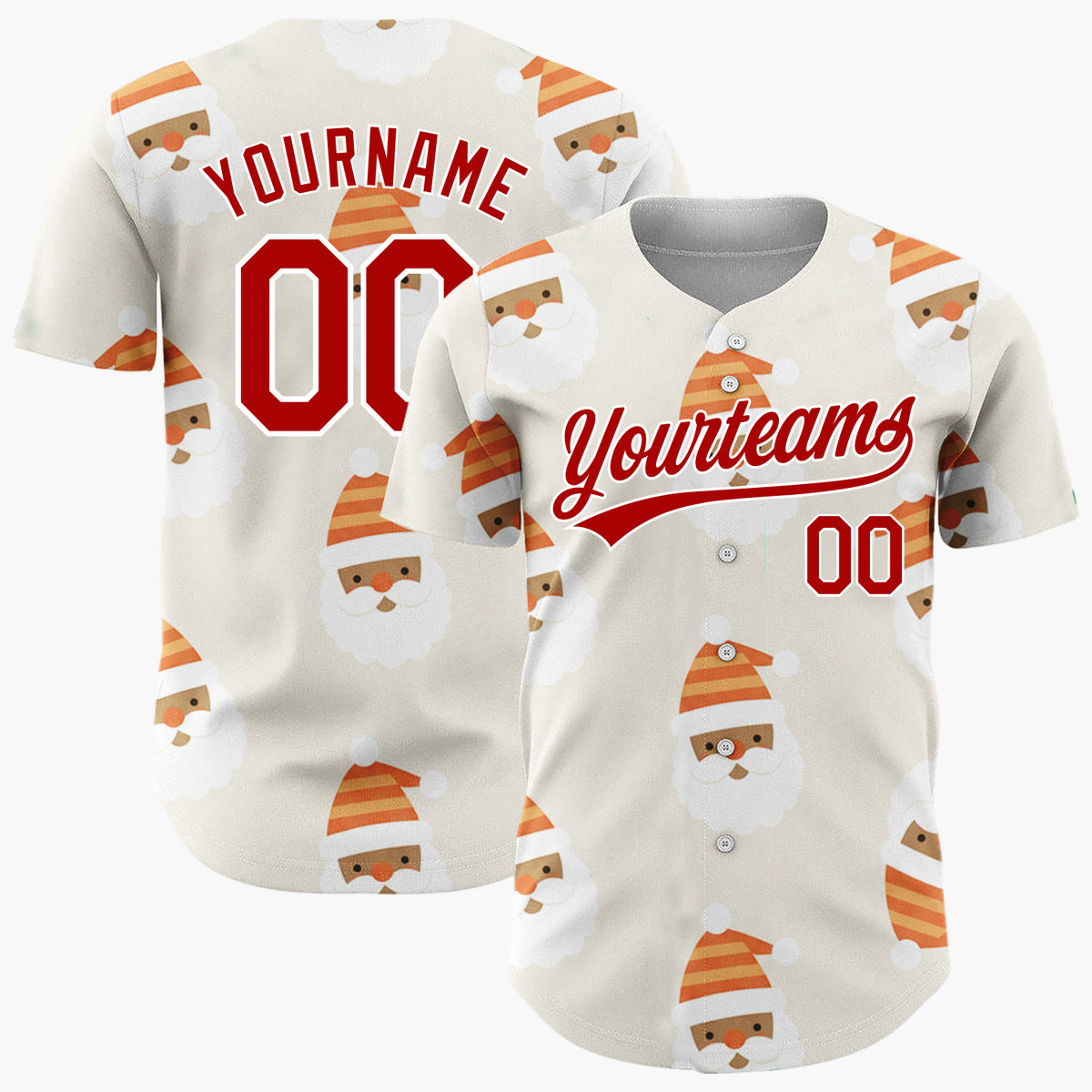 Custom Cream Orange Santa Claus Faces With Hats Merry Holiday Pattern Christmas Baseball Jersey