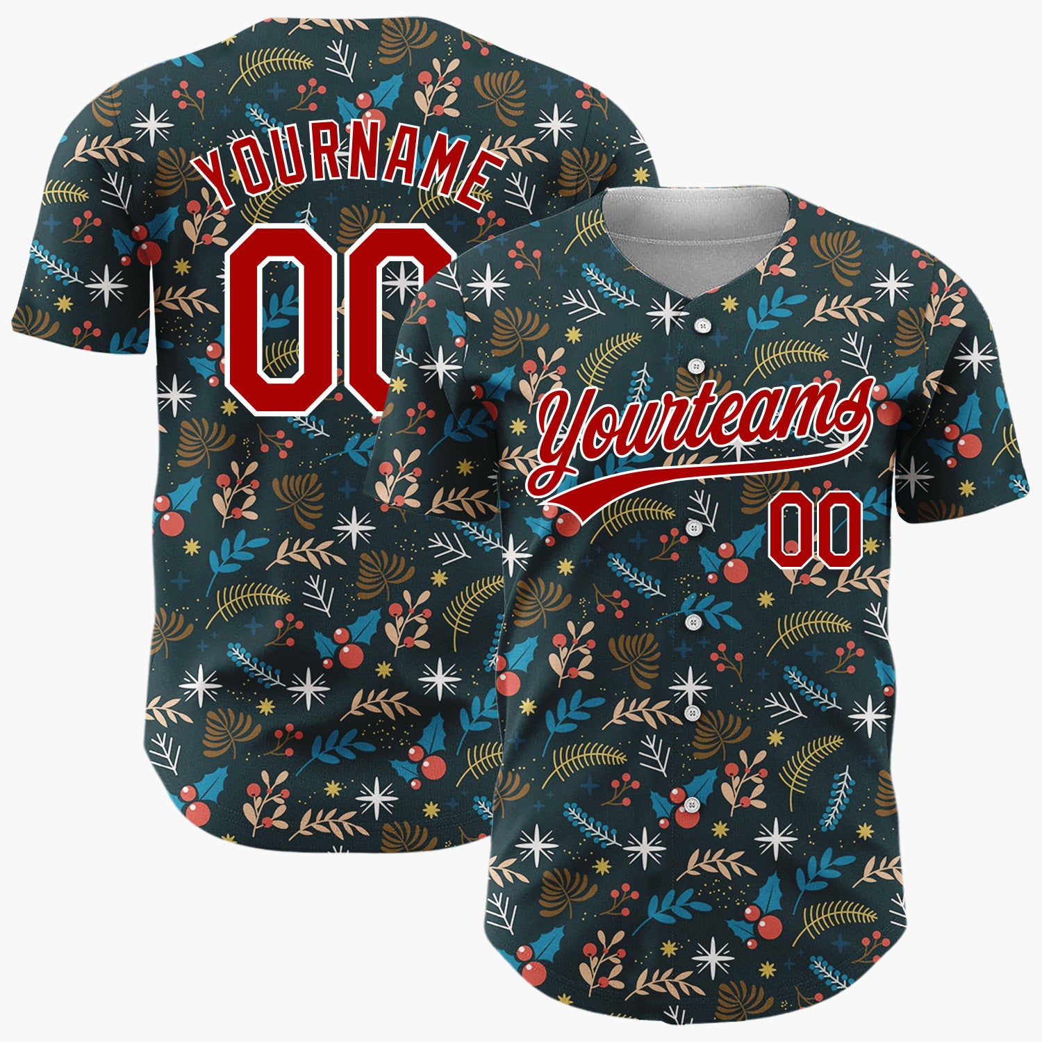 Custom Dark Blue Christmas Foliage Stars Cartoon Pattern Christmas Baseball Jersey