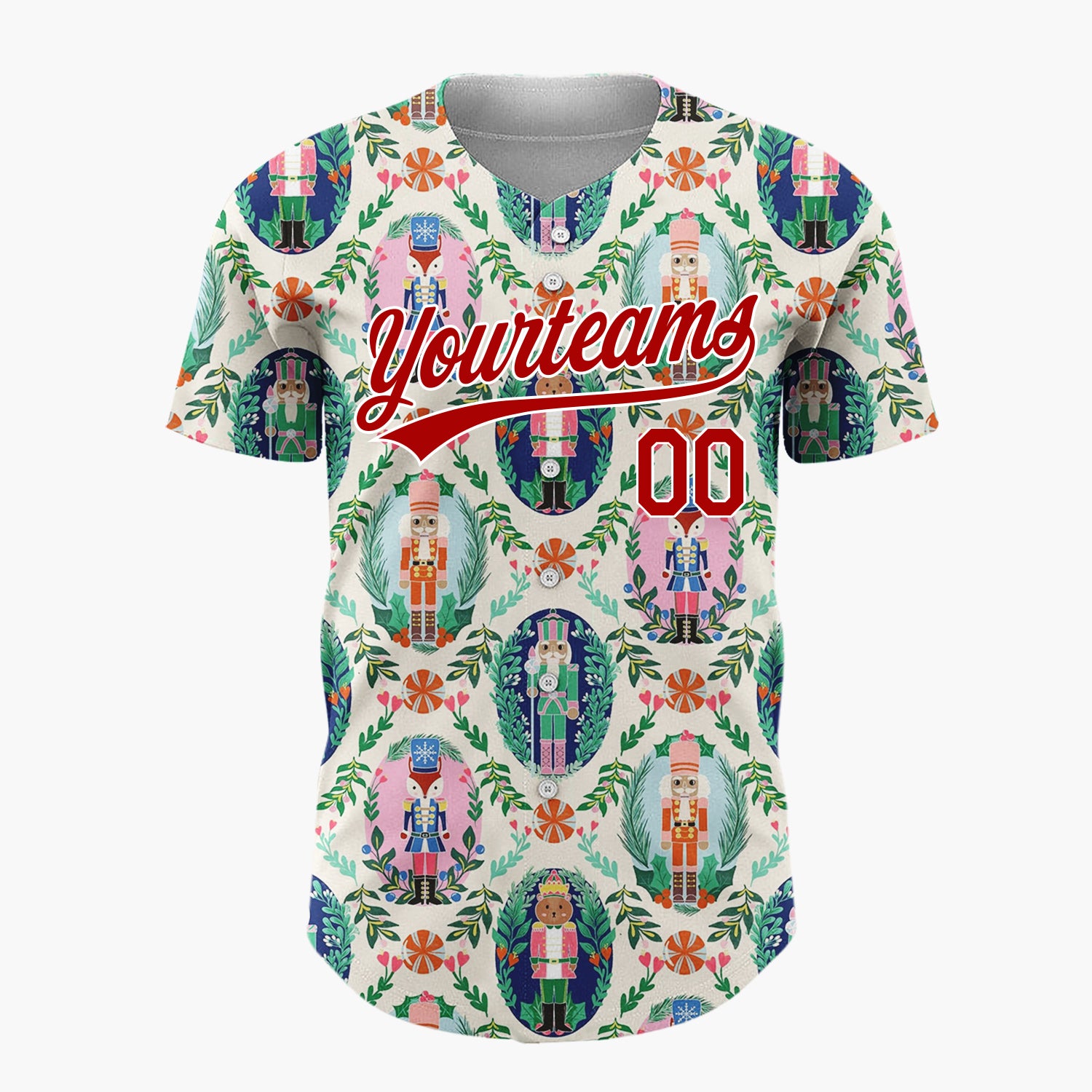 Custom Cream Pink Green Nutcracker Characters With Floral Wreaths Elegant Holiday Pattern Christmas Baseball Jersey