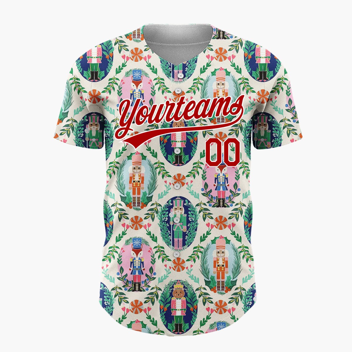 Custom Cream Pink Green Nutcracker Characters With Floral Wreaths Elegant Holiday Pattern Christmas Baseball Jersey