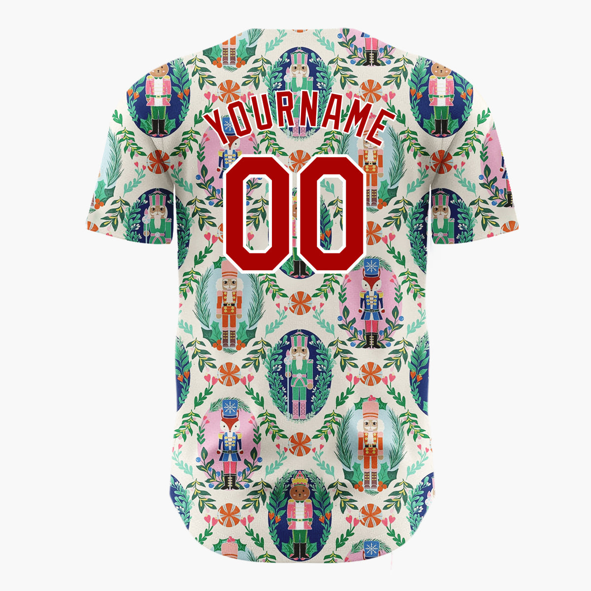 Custom Cream Pink Green Nutcracker Characters With Floral Wreaths Elegant Holiday Pattern Christmas Baseball Jersey