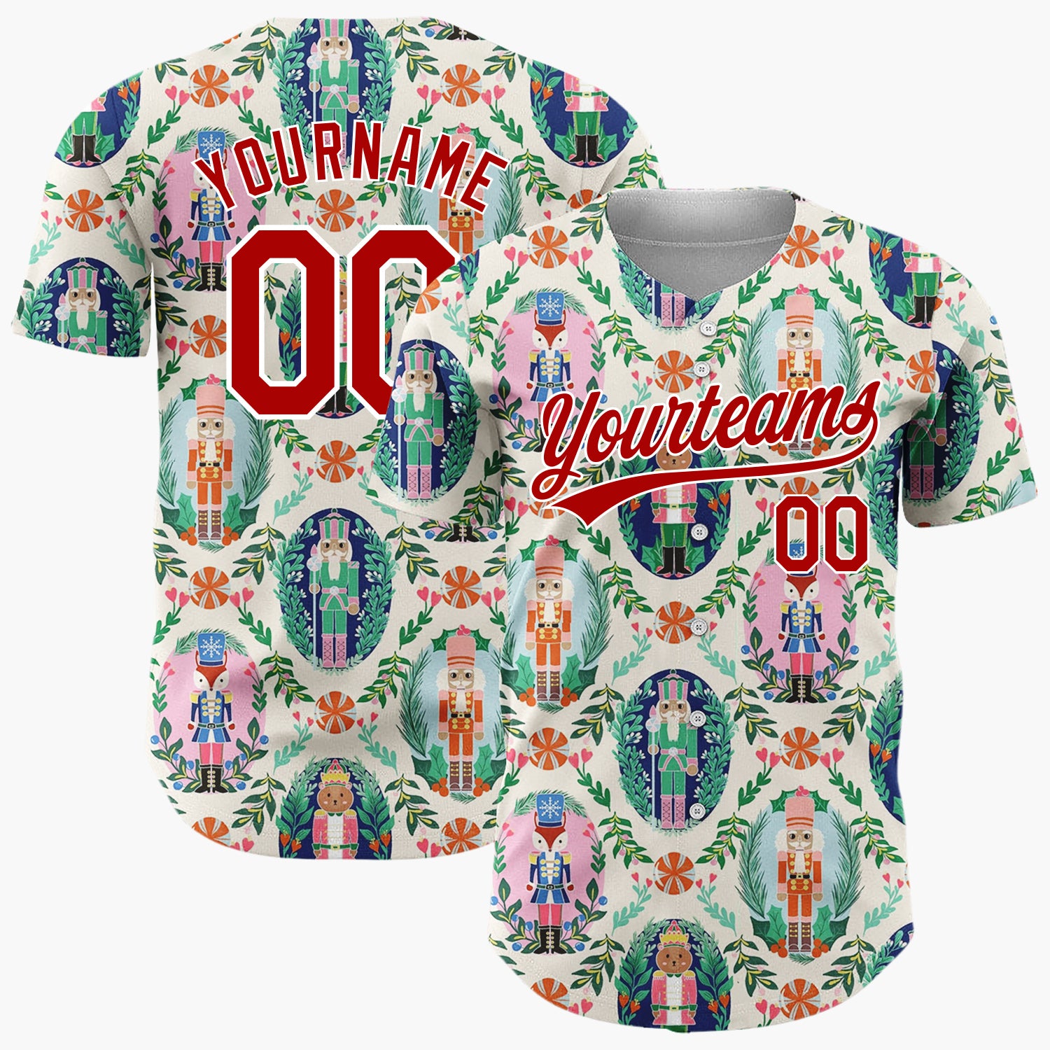 Custom Cream Pink Green Nutcracker Characters With Floral Wreaths Elegant Holiday Pattern Christmas Baseball Jersey