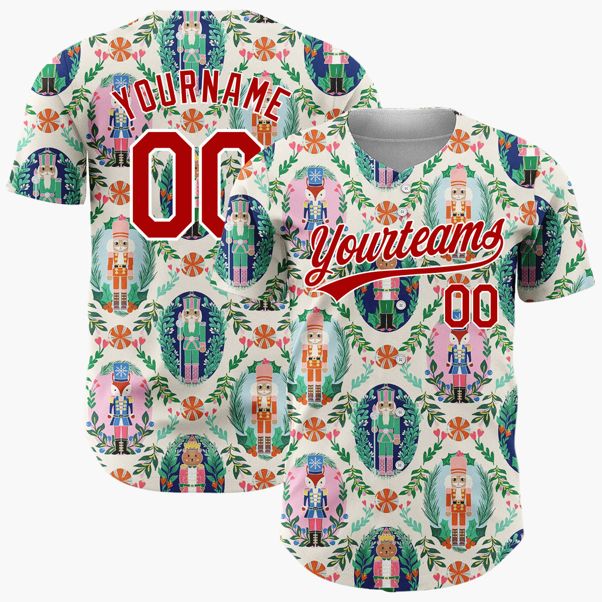 Custom Cream Pink Green Nutcracker Characters With Floral Wreaths Elegant Holiday Pattern Christmas Baseball Jersey