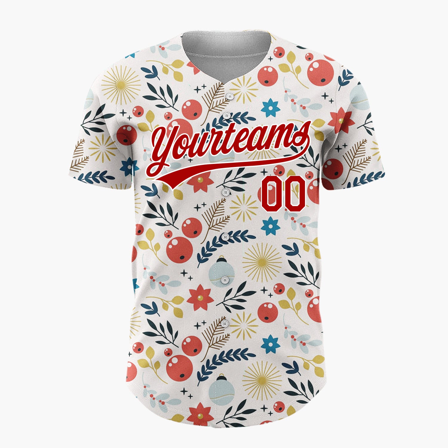 Custom Cream Red Blue Gold Festive Botanical Christmas Baseball Jersey
