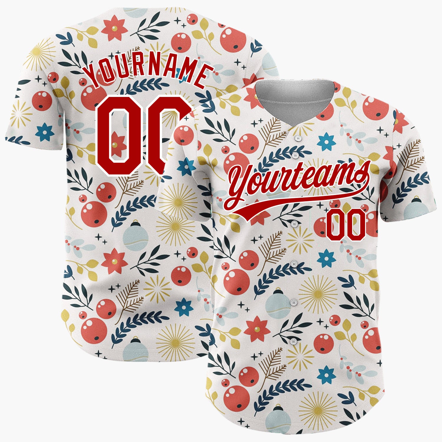 Custom Cream Red Blue Gold Festive Botanical Christmas Baseball Jersey