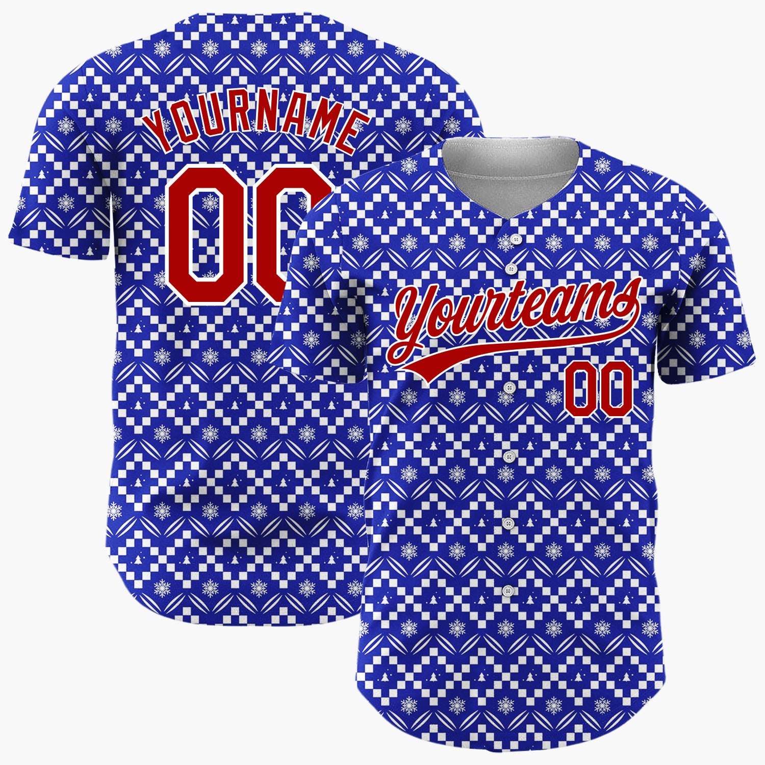 Custom Blue Christmas Trees Geometric Nordic Fair Isle Christmas Baseball Jersey
