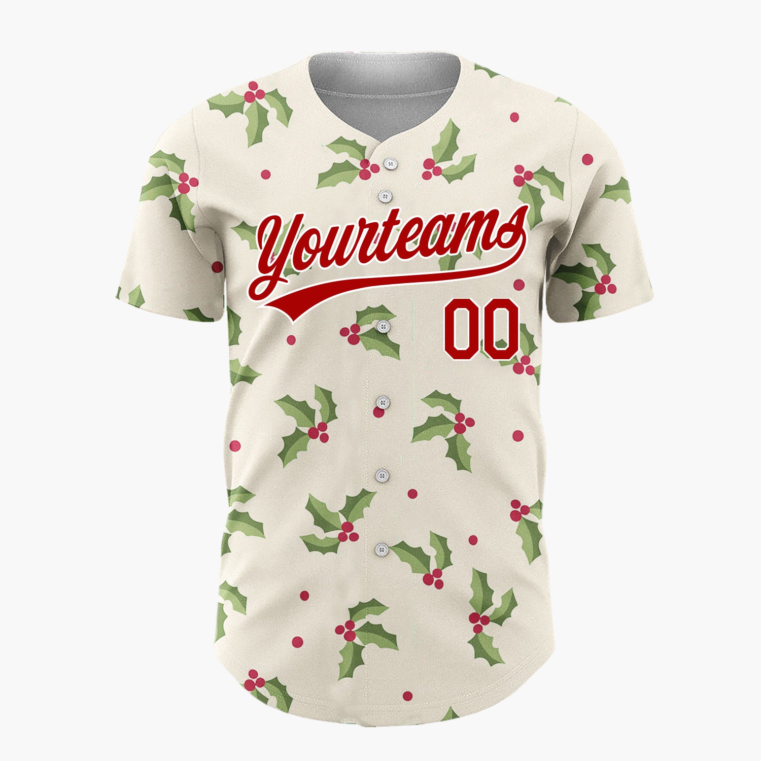 Custom Cream Holly Leaves And Berries Simple Festive Pattern Christmas Baseball Jersey