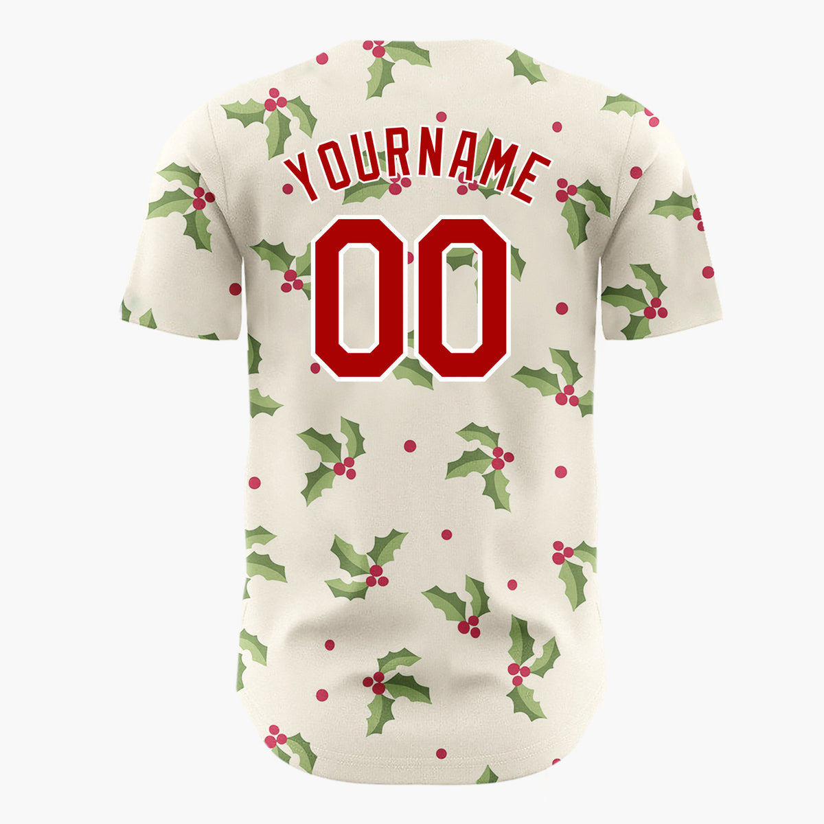 Custom Cream Holly Leaves And Berries Simple Festive Pattern Christmas Baseball Jersey
