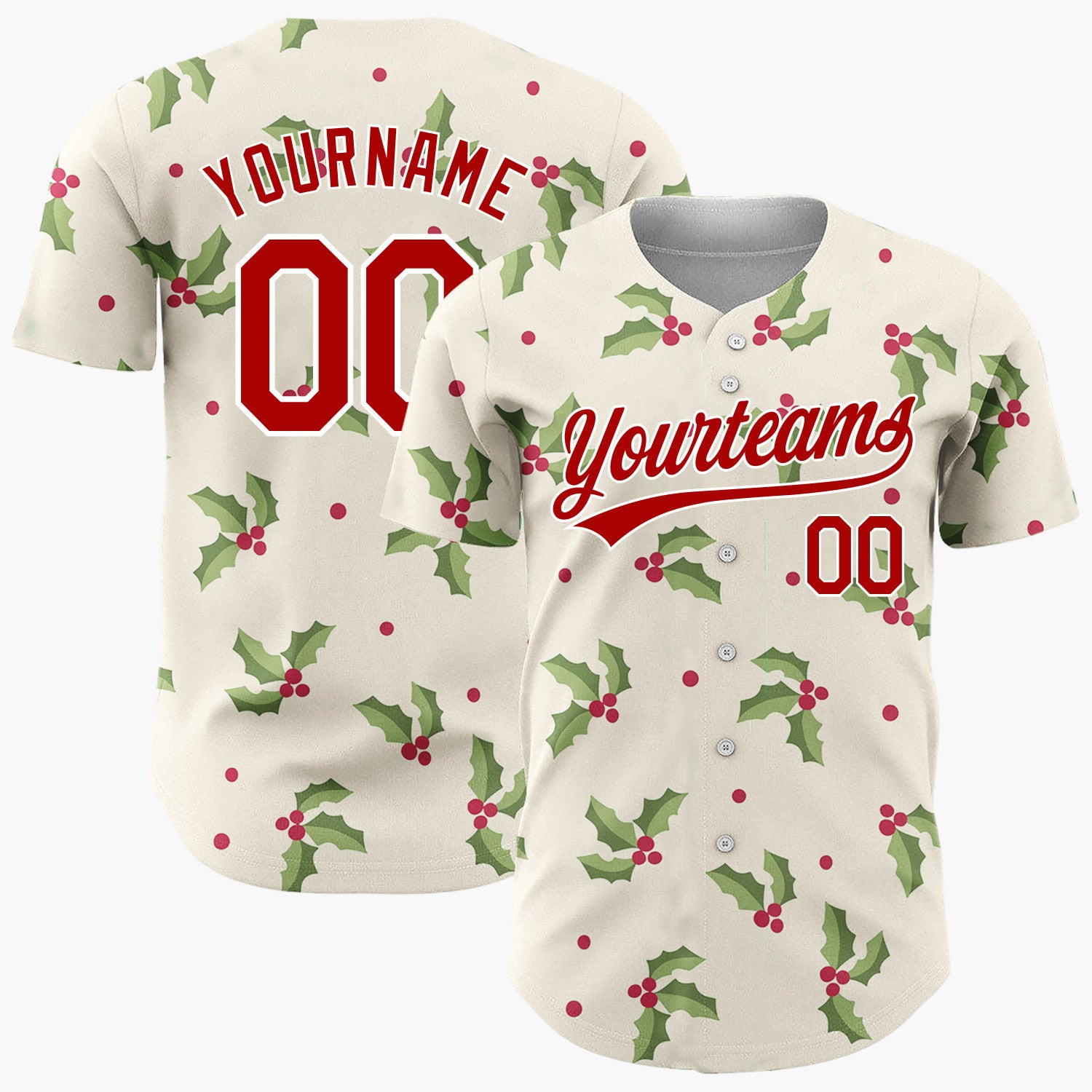 Custom Cream Holly Leaves And Berries Simple Festive Pattern Christmas Baseball Jersey