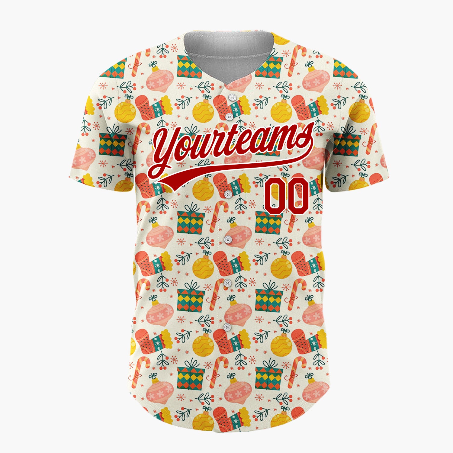 Custom Cream Green Red Mittens Gifts And Candy Canes Cozy Christmas Baseball Jersey