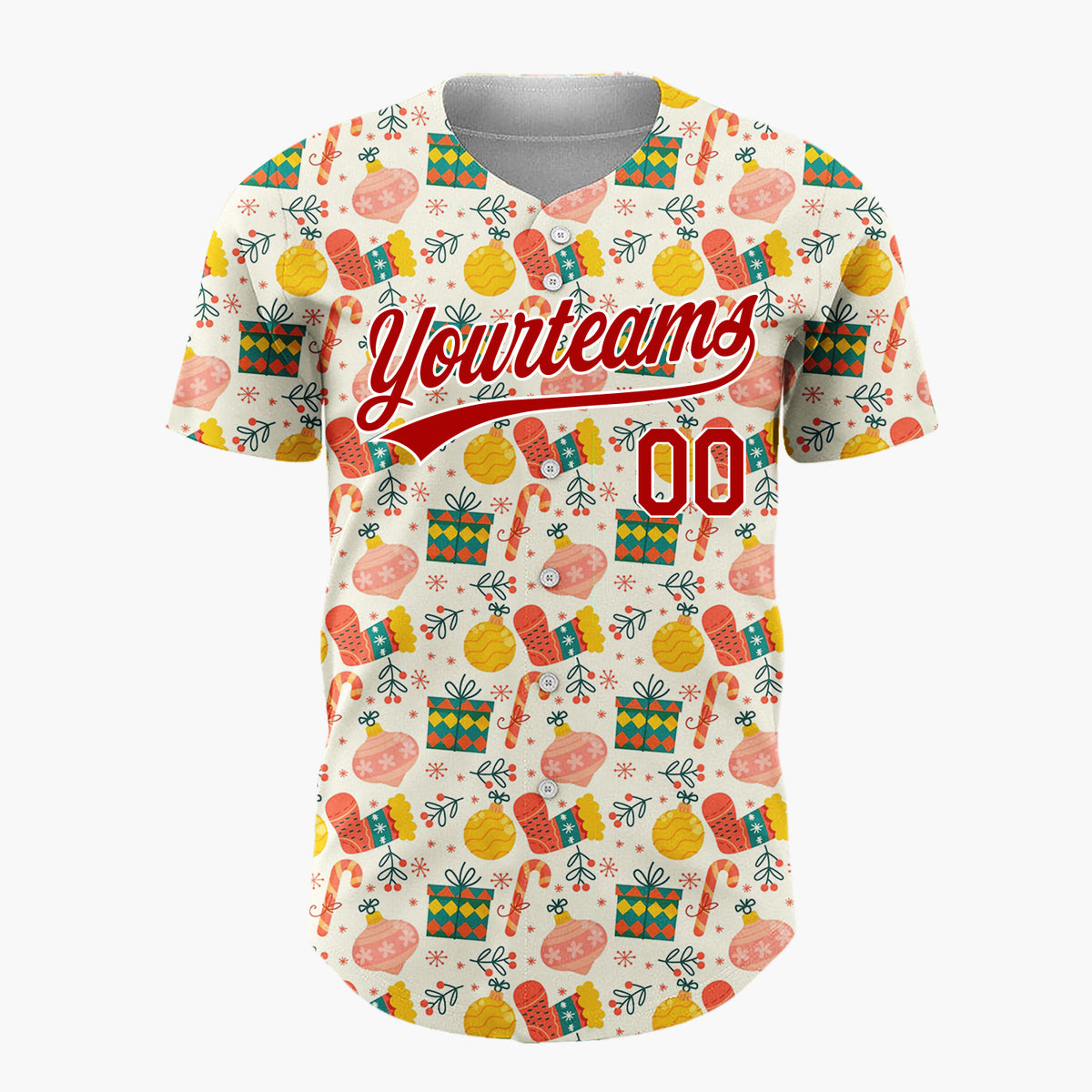 Custom Cream Green Red Mittens Gifts And Candy Canes Cozy Christmas Baseball Jersey