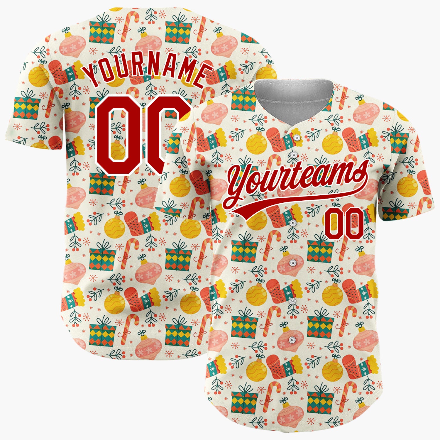 Custom Cream Green Red Mittens Gifts And Candy Canes Cozy Christmas Baseball Jersey
