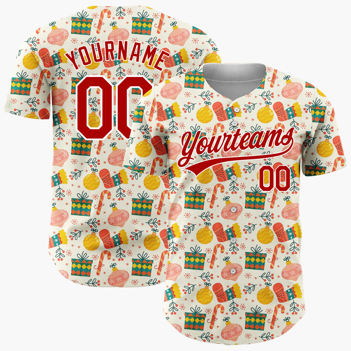 Custom Cream Green Red Mittens Gifts And Candy Canes Cozy Christmas Baseball Jersey