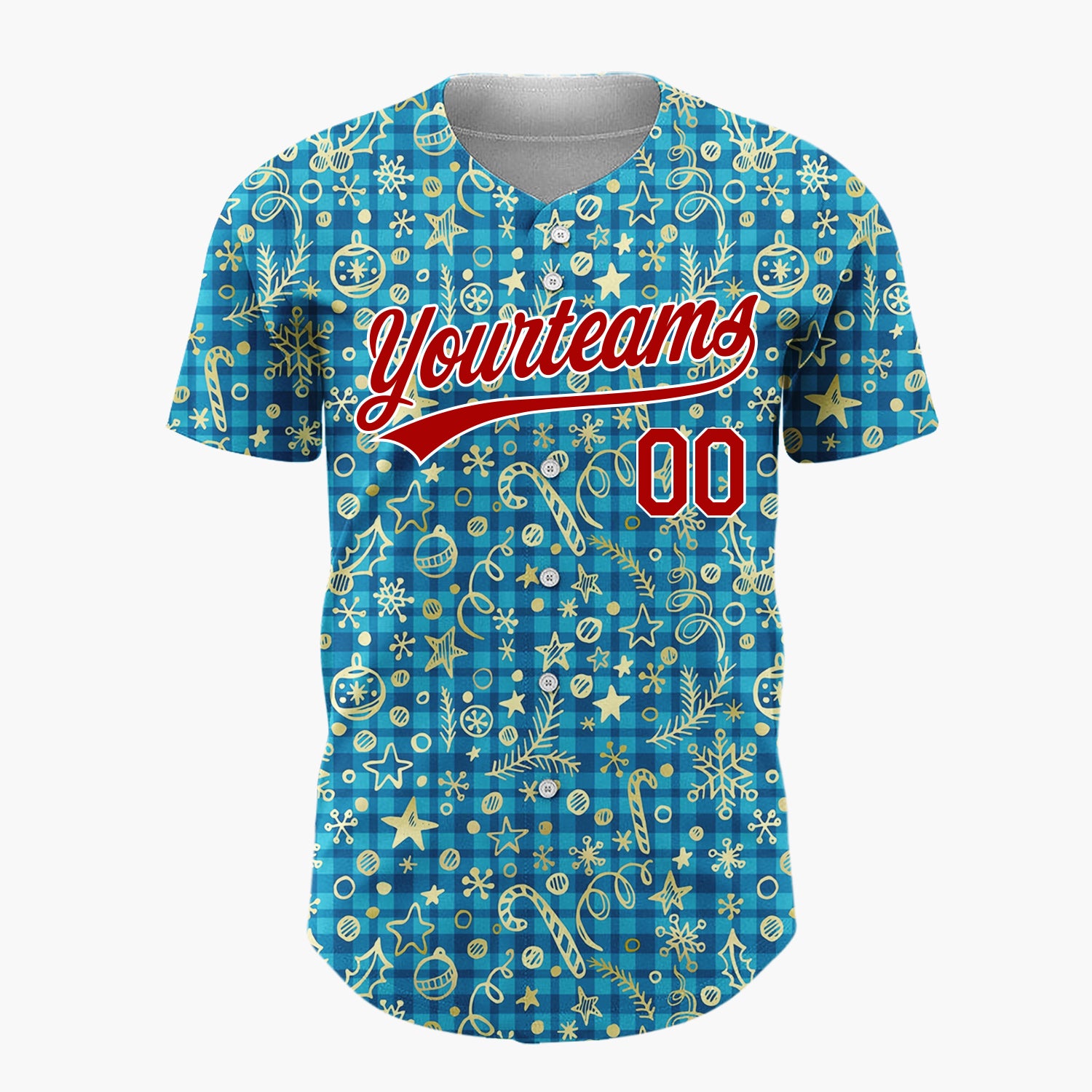 Custom Blue Gold Ornaments Snowflakes And Candy Canes Christmas Sketch Plaid Pattern Christmas Baseball Jersey