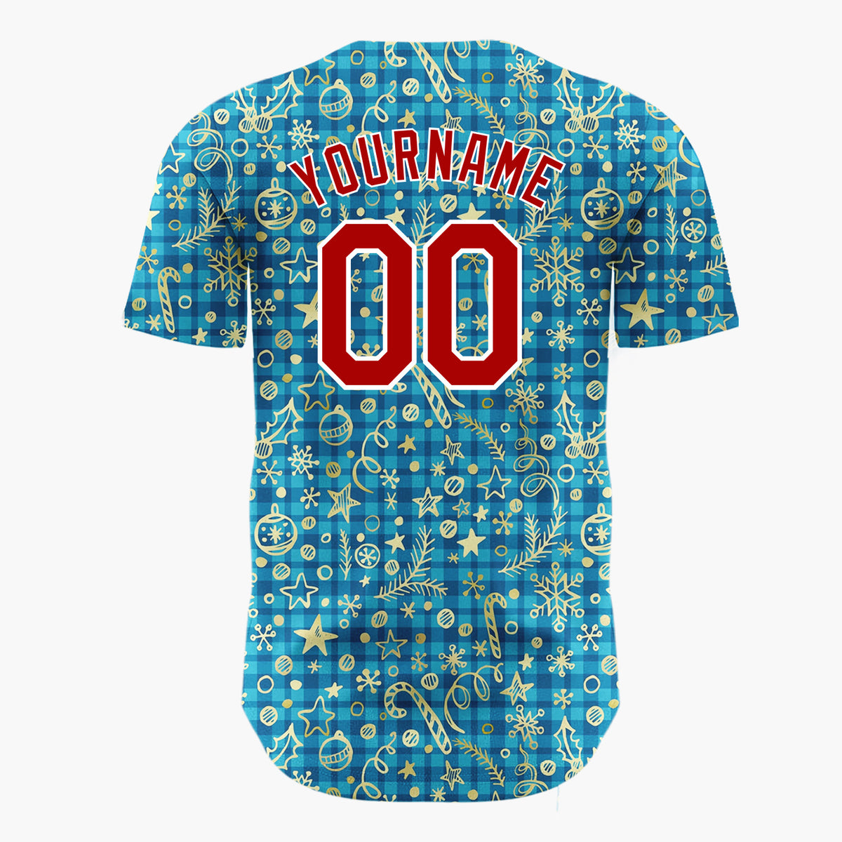 Custom Blue Gold Ornaments Snowflakes And Candy Canes Christmas Sketch Plaid Pattern Christmas Baseball Jersey