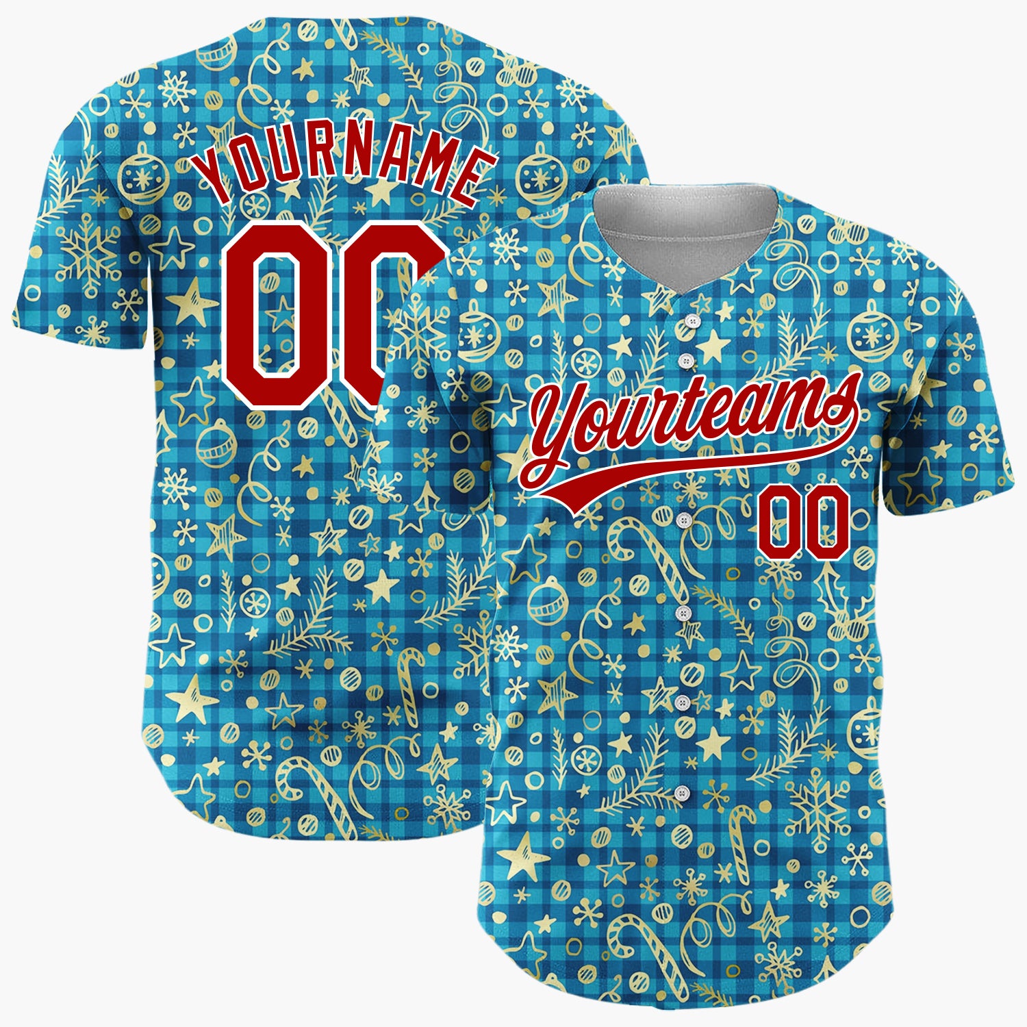 Custom Blue Gold Ornaments Snowflakes And Candy Canes Christmas Sketch Plaid Pattern Christmas Baseball Jersey