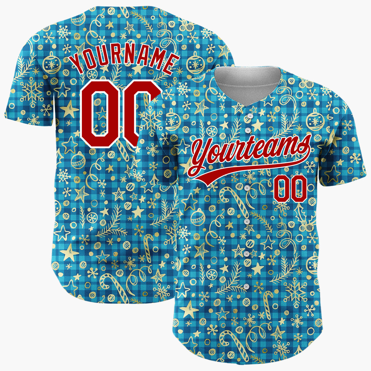 Custom Blue Gold Ornaments Snowflakes And Candy Canes Christmas Sketch Plaid Pattern Christmas Baseball Jersey