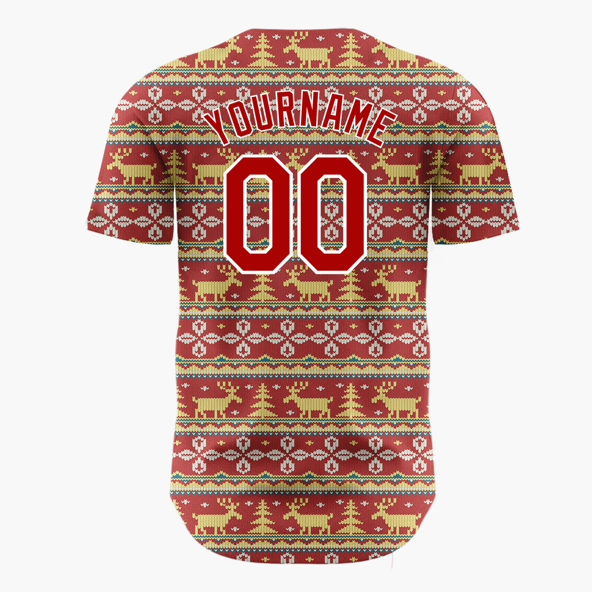 Custom Burgundy Yellow Reindeers Trees And Snowflakes Knitted Christmas Baseball Jersey