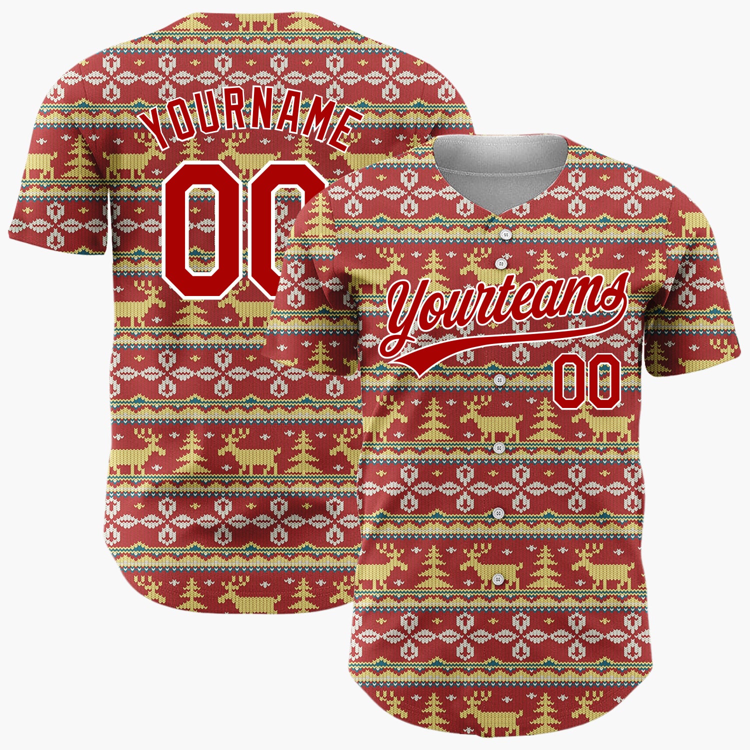 Custom Burgundy Yellow Reindeers Trees And Snowflakes Knitted Christmas Baseball Jersey