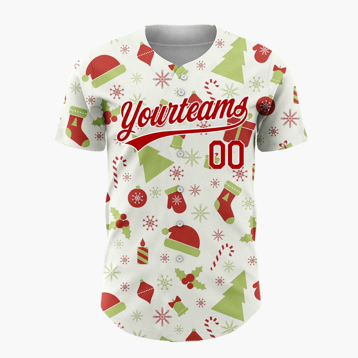 Custom Cream Red And Green Holiday Icons Folk Christmas Baseball Jersey