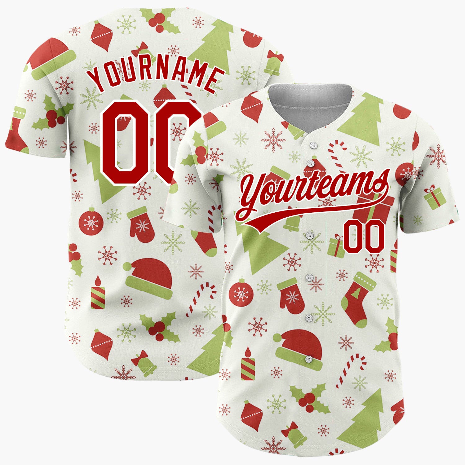 Custom Cream Red And Green Holiday Icons Folk Christmas Baseball Jersey