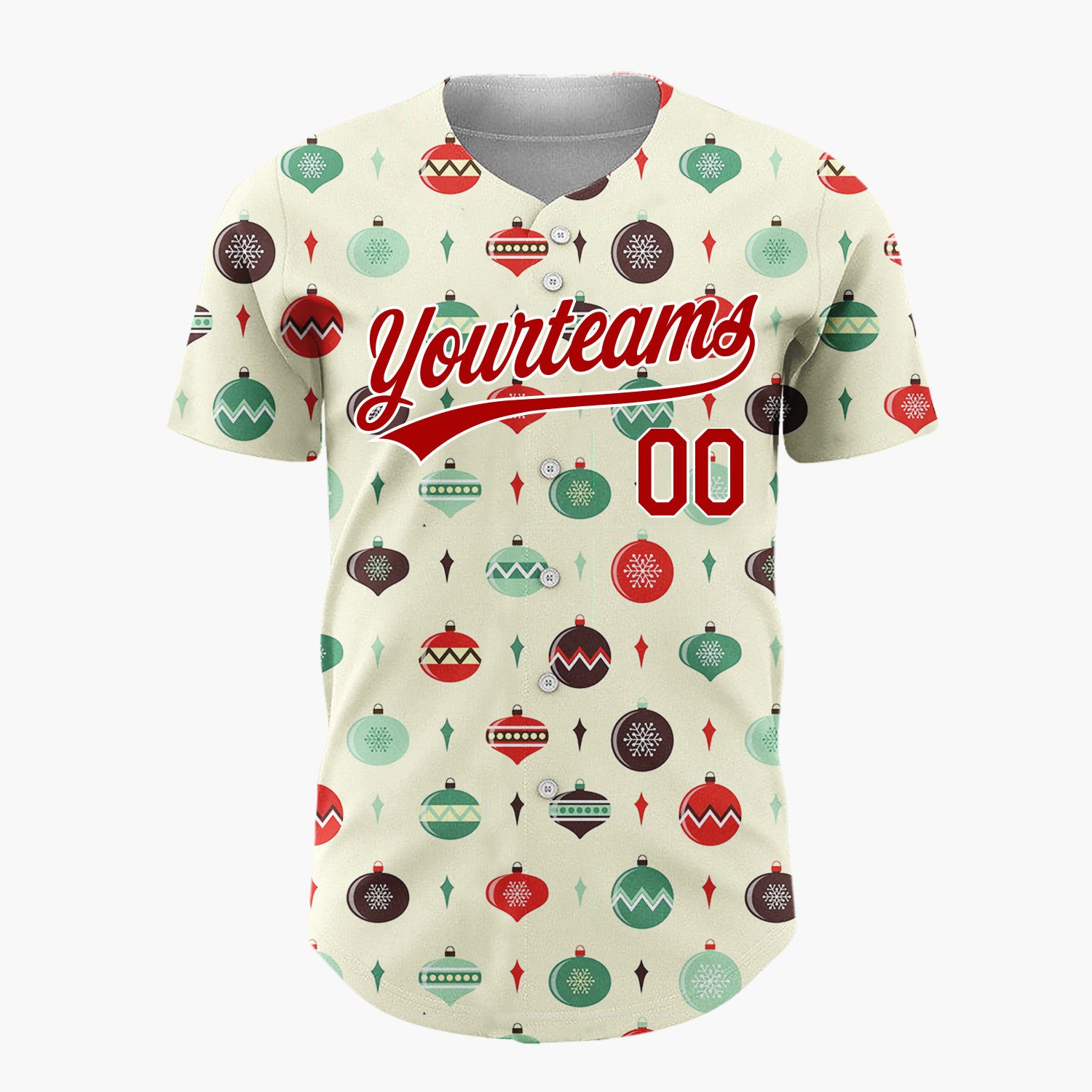 Custom Cream Green Retro Baubles And Diamonds Mid Century Holiday Pattern Christmas Baseball Jersey