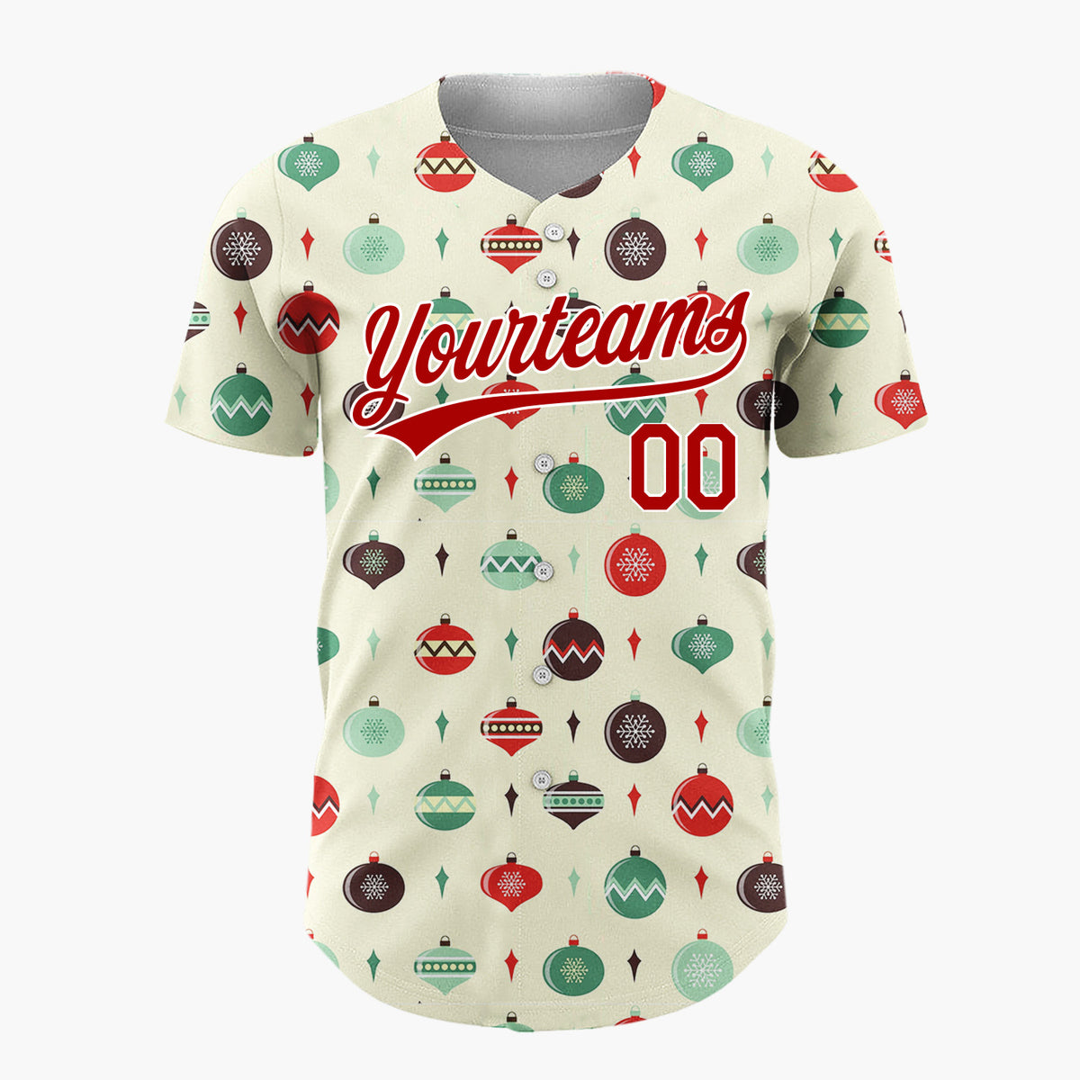 Custom Cream Green Retro Baubles And Diamonds Mid Century Holiday Pattern Christmas Baseball Jersey