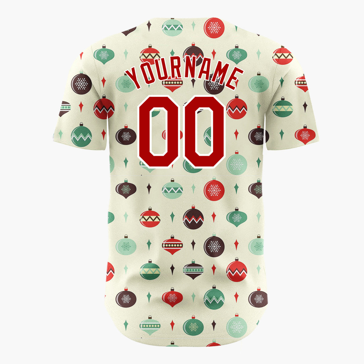 Custom Cream Green Retro Baubles And Diamonds Mid Century Holiday Pattern Christmas Baseball Jersey