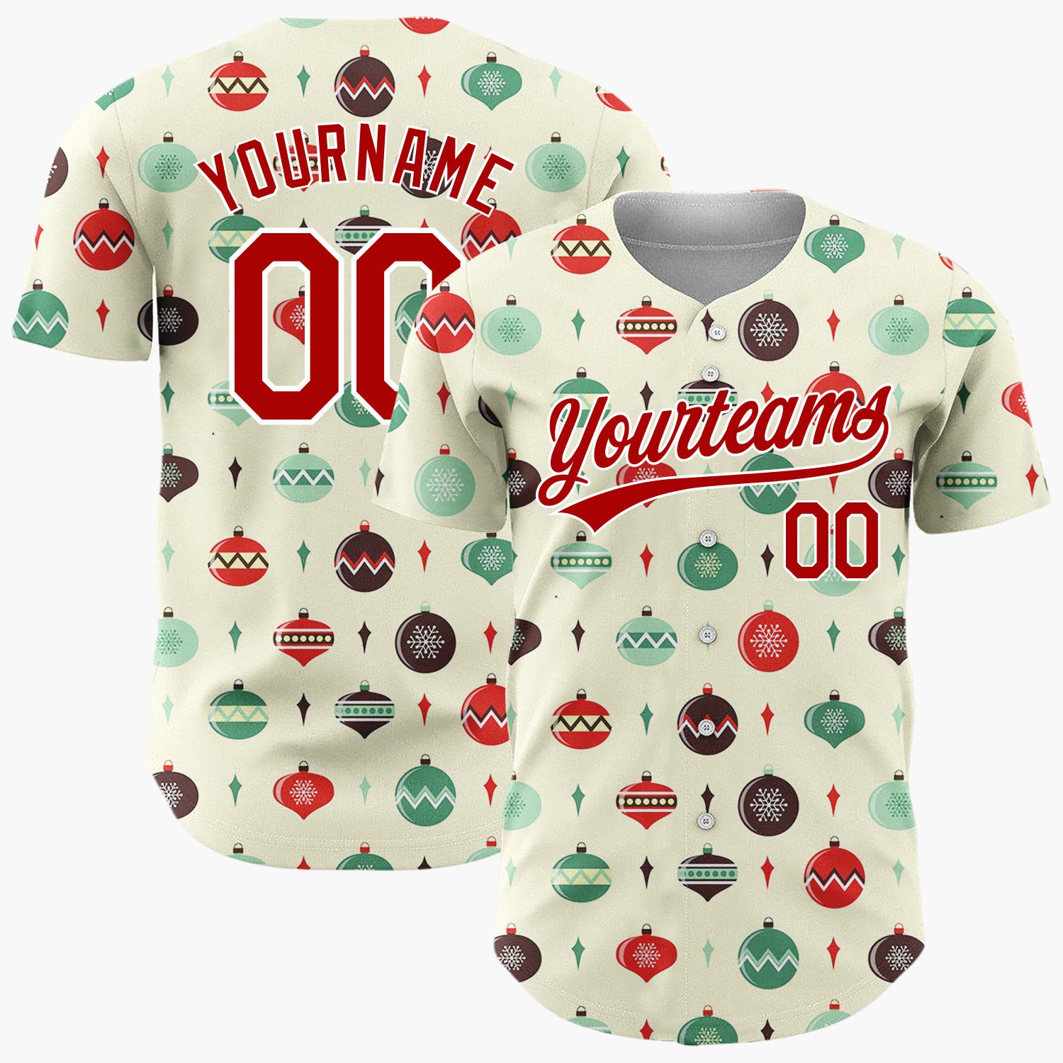 Custom Cream Green Retro Baubles And Diamonds Mid Century Holiday Pattern Christmas Baseball Jersey