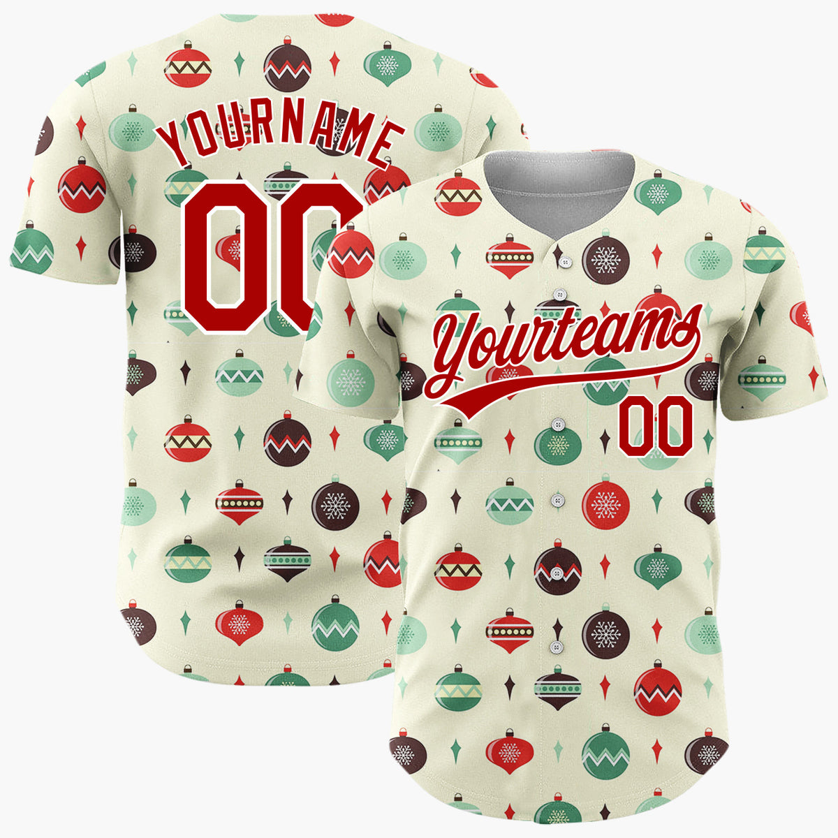 Custom Cream Green Retro Baubles And Diamonds Mid Century Holiday Pattern Christmas Baseball Jersey