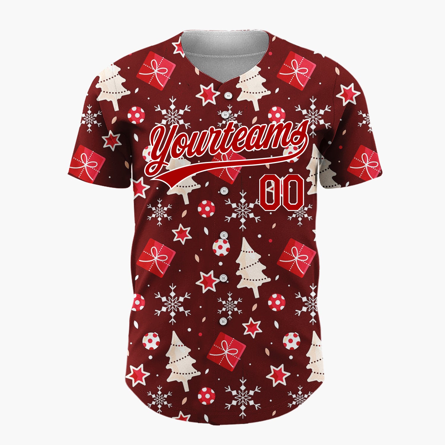 Custom Burgundy White Trees Gifts And Snowflakes Cute Christmas Baseball Jersey