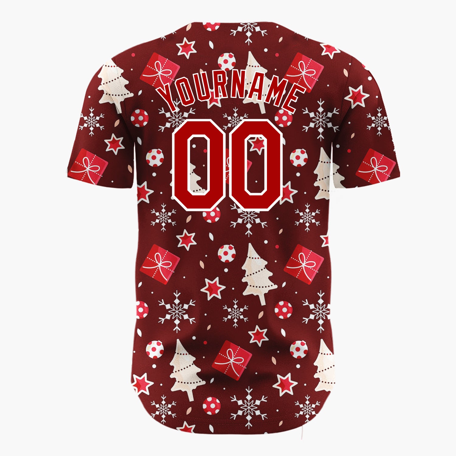 Custom Burgundy White Trees Gifts And Snowflakes Cute Christmas Baseball Jersey