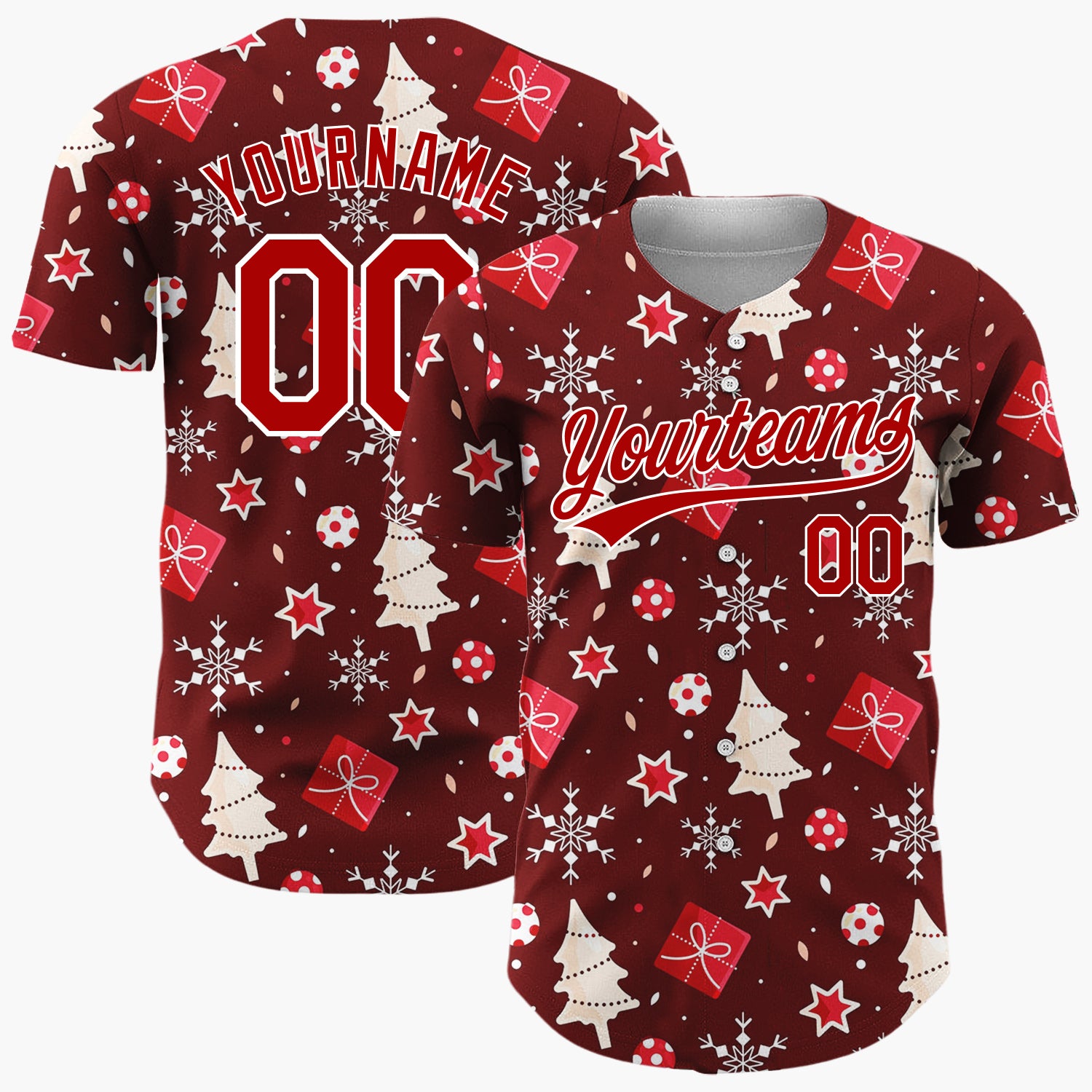 Custom Burgundy White Trees Gifts And Snowflakes Cute Christmas Baseball Jersey