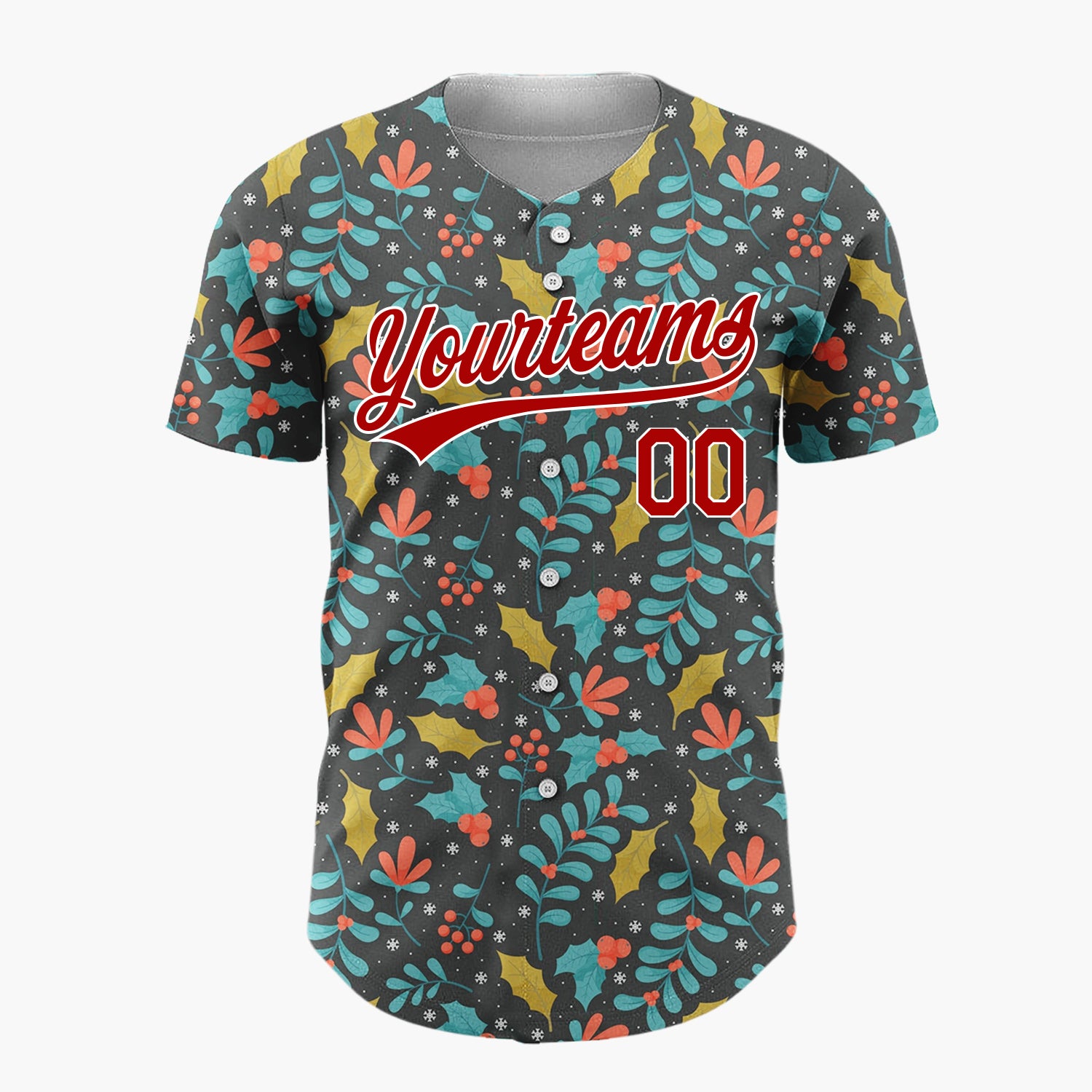Custom Dark Gray Leaves And Berries Festive Floral Pattern Christmas Baseball Jersey