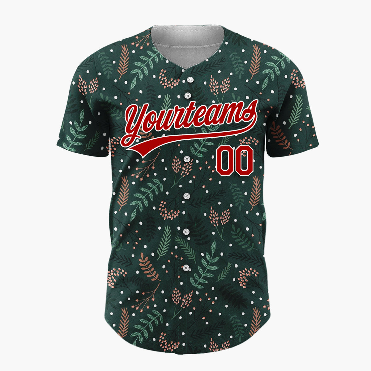 Custom Dark Green Holly Berries Dotted Cartoon Pattern Christmas Baseball Jersey