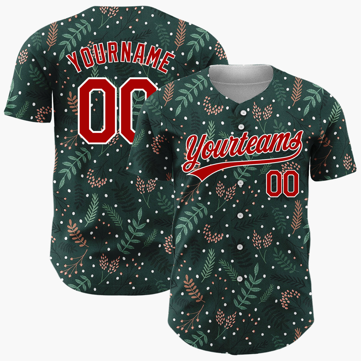 Custom Dark Green Holly Berries Dotted Cartoon Pattern Christmas Baseball Jersey