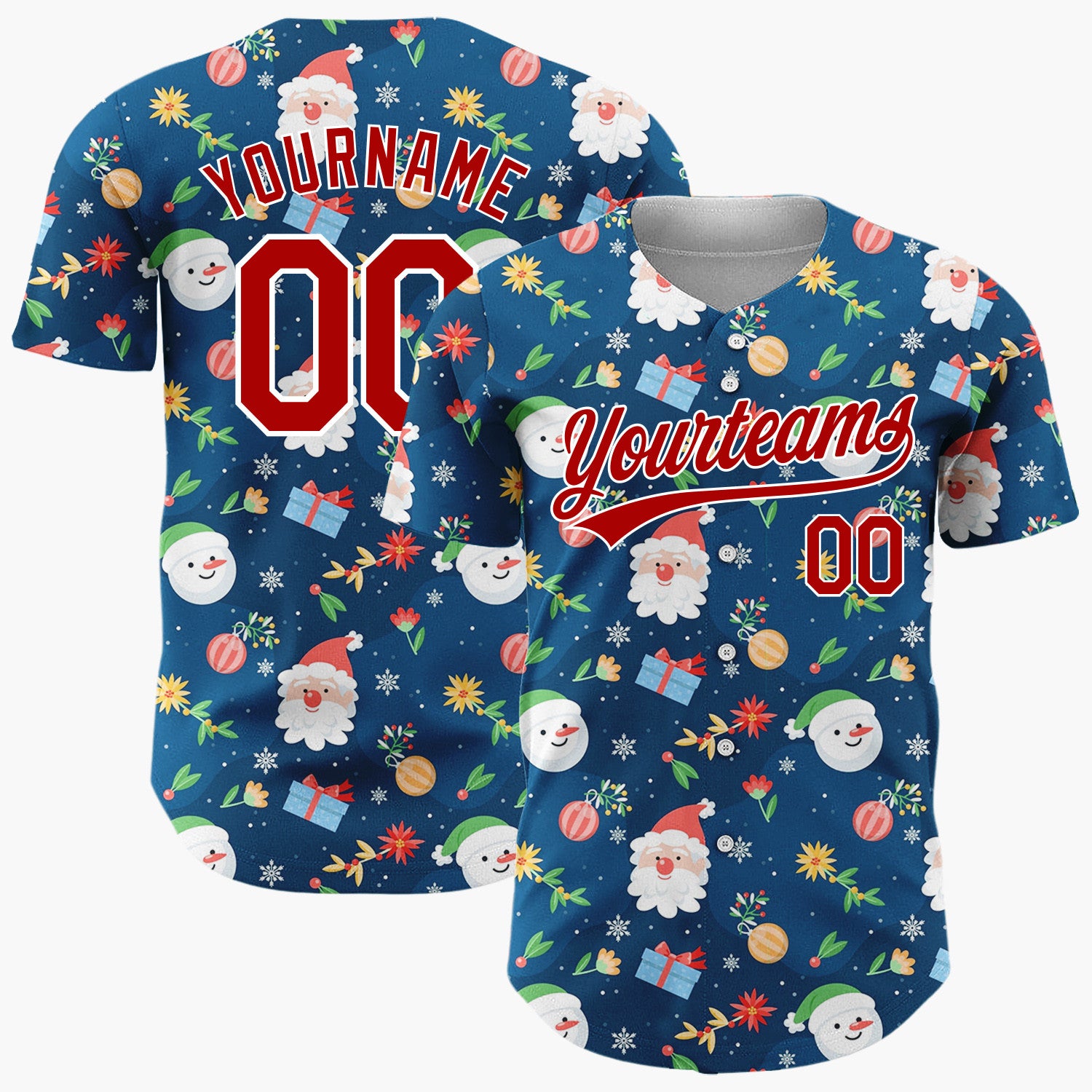 Custom Dark Blue Santa Snowman Festive Doodles Cartoon Pattern Christmas Baseball Jersey