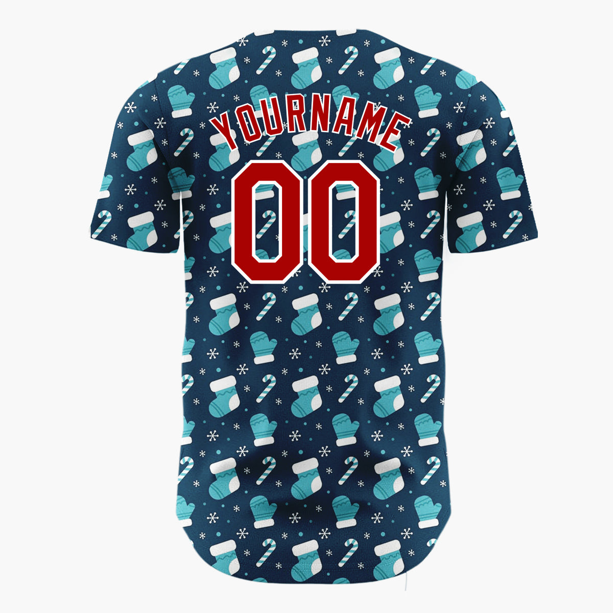 Custom Dark Blue White Stockings Mittens And Candy Cane Christmas Baseball Jersey
