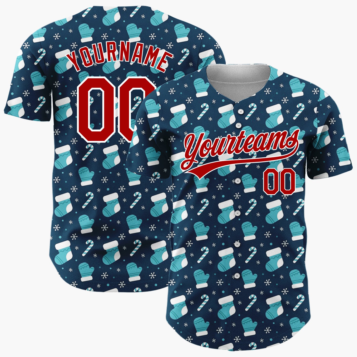 Custom Dark Blue White Stockings Mittens And Candy Cane Christmas Baseball Jersey