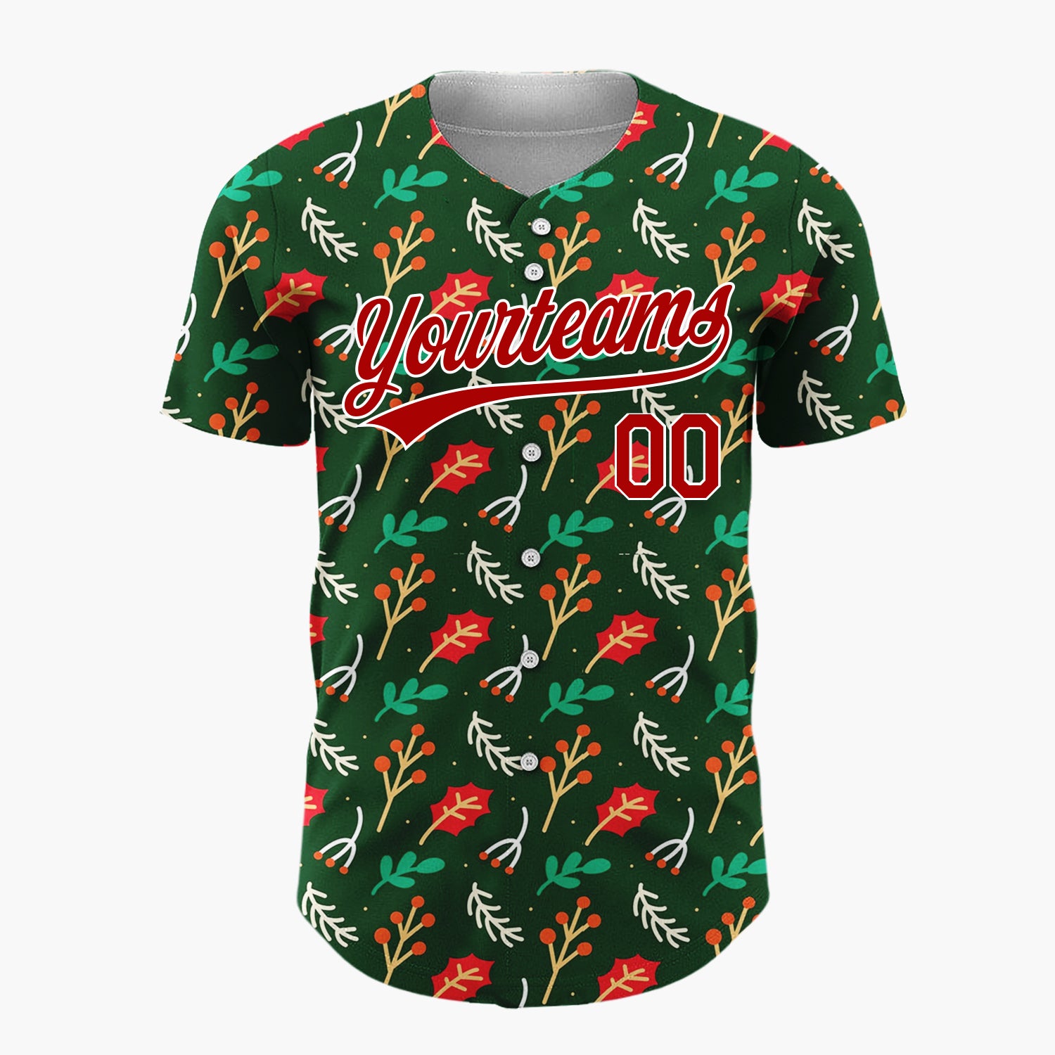 Custom Dark Green Holly Berries Leaves Cartoon Pattern Christmas Baseball Jersey