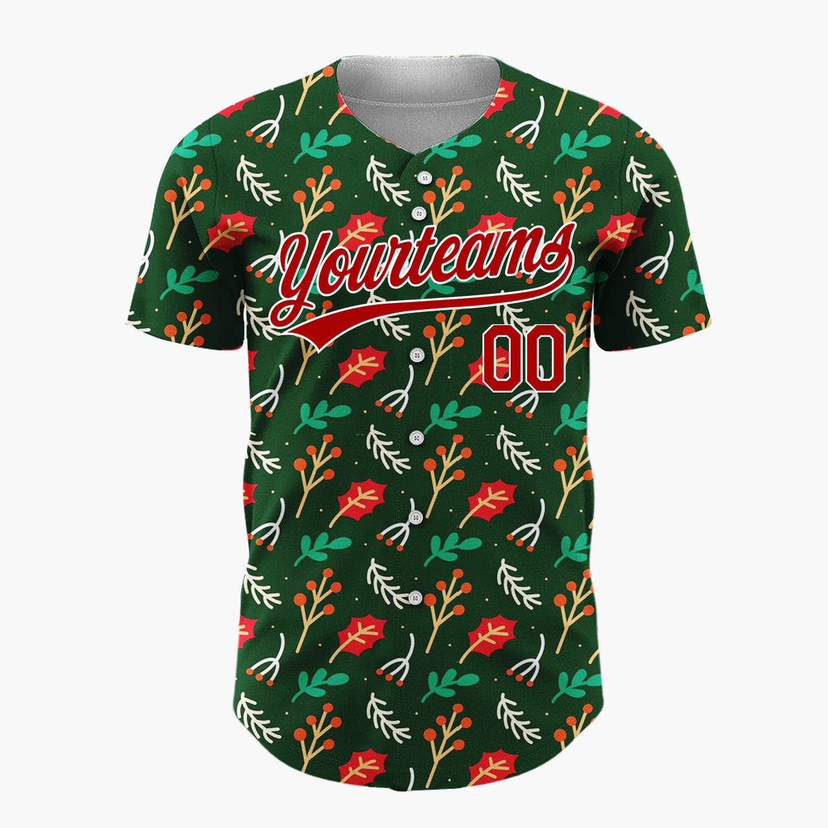 Custom Dark Green Holly Berries Leaves Cartoon Pattern Christmas Baseball Jersey